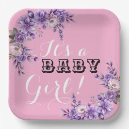 Elegante Roze Bloemen Baby Meisje Douche Party Squ Papieren Bordje