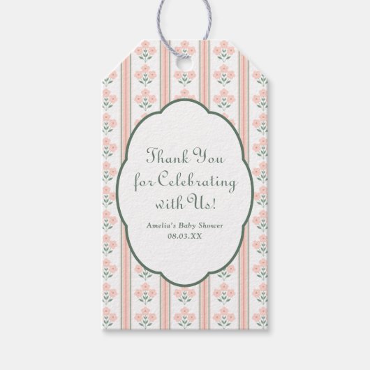 Elegante Roze Bloemen Baby Shower Bedankt Cadeaulabel (Voorkant)