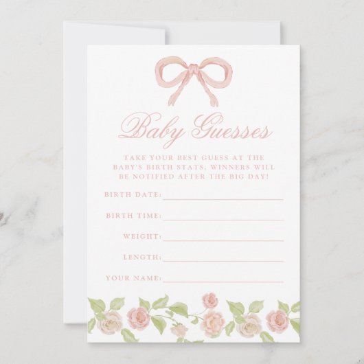 Elegante Roze Bloemen Baby shower Gissen Game Kaar Kaart (Voorkant)