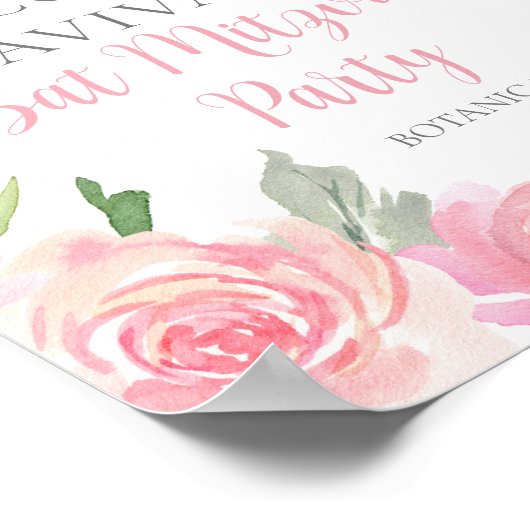 Elegante Roze Bloemen Bat Mitswa Party Custom Poster (Hoek)