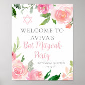 Elegante Roze Bloemen Bat Mitswa Party Custom Poster (Voorkant)