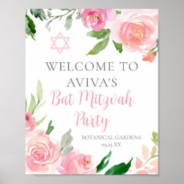 Elegante Roze Bloemen Bat Mitswa Party Custom Poster