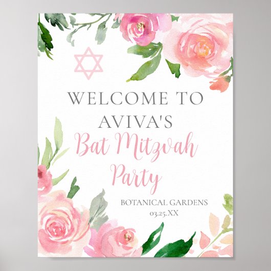 Elegante Roze Bloemen Bat Mitswa Party Custom Poster (Voorkant)