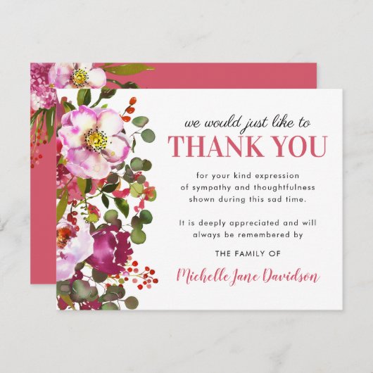 Elegante roze bloemen begrafenis Dank u Bedankkaart (Voorkant / Achterkant)