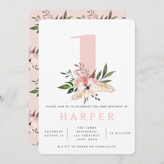 Elegante roze bloemen birthday party uitnodiging (Voorkant / Achterkant)