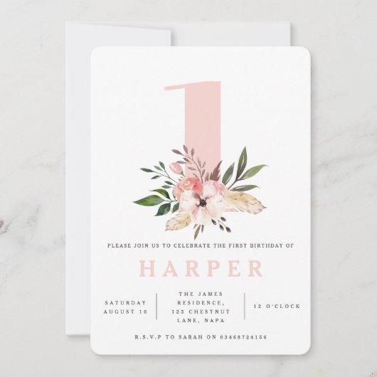 Elegante roze bloemen birthday party uitnodiging (Voorkant)