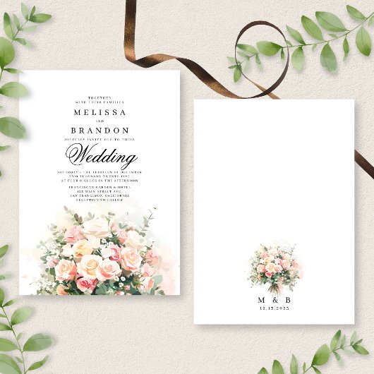 Elegante Roze Bloemen Boeket Monogram Huwelijk Kaart