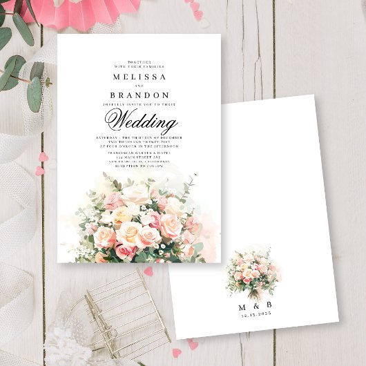 Elegante Roze Bloemen Boeket Monogram Huwelijk Kaart