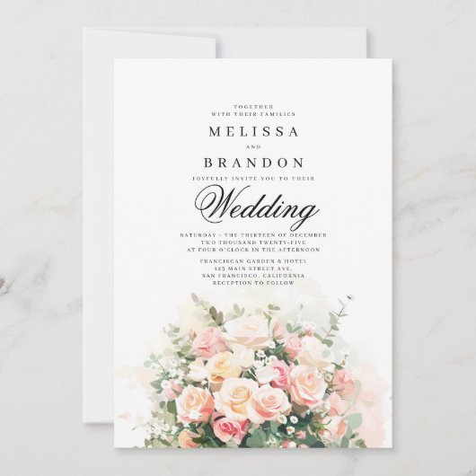 Elegante Roze Bloemen Boeket Monogram Huwelijk Kaart (Voorkant)