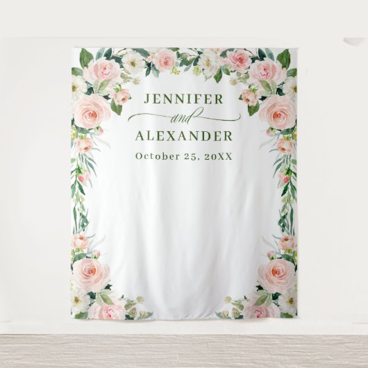 Elegante Roze Bloemen Boho Trouw Achtergrond Wandkleed (Voorkant)