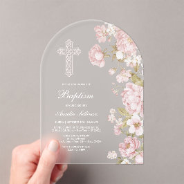 Elegante Roze Bloemen Boog Doop Acryl Uitnodigingen