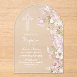 Elegante Roze Bloemen Boog Doop Acryl Uitnodigingen