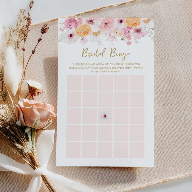 Elegante Roze Bloemen Bruids Bingo Game Kaart (Pink floral Bridal Bingo Card)