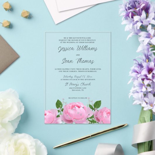 Elegante roze bloemen bruiloft acryl uitnodigingen (Insitu (Huwelijk))