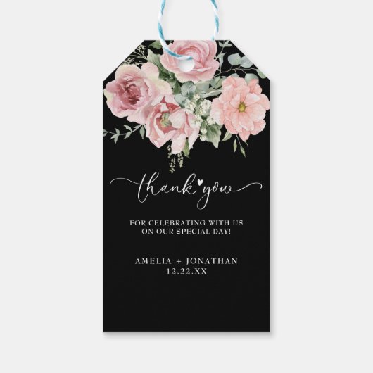 Elegante Roze Bloemen bruiloft Dank u voor uw guns Cadeaulabel (Achterkant)