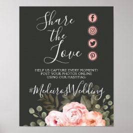Elegante Roze Bloemen Bruiloft Hashtag Fotoschild Poster