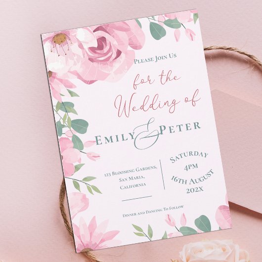 Elegante Roze Bloemen Bruiloft Uitnodiging