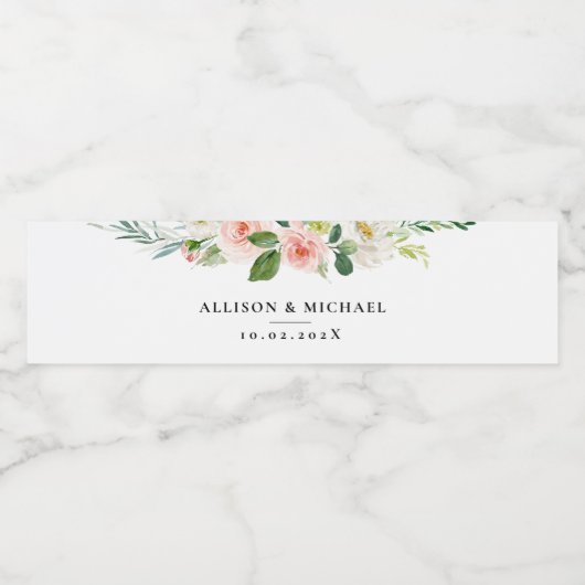 Elegante roze bloemen bruiloft waterfles etiket (Enkel label)