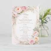 Elegante Roze Bloemen Bruiloftsmenu Kaart (Staand voorkant)