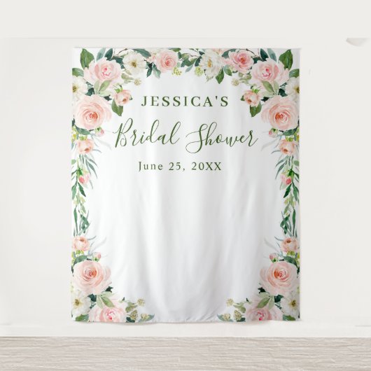 Elegante Roze Bloemen Bruiloftsshower Achtergrond Wandkleed (Voorkant)