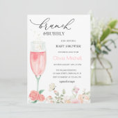 Elegante Roze Bloemen Brunch & Bubbly Baby shower Kaart (Staand voorkant)
