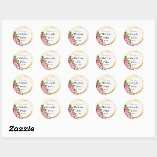 Elegante Roze Bloemen Dank u bruiloft Ronde Sticker (Vel)