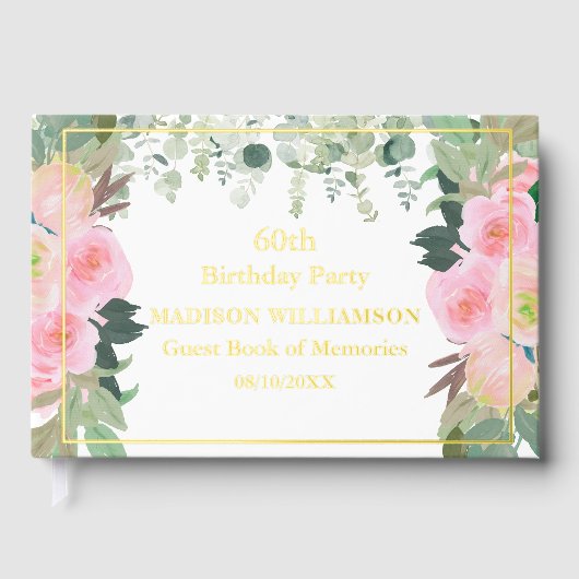 Elegante Roze Bloemen Elk Jaar Verjaardag Gouden F Gastenboek (Voorkant)