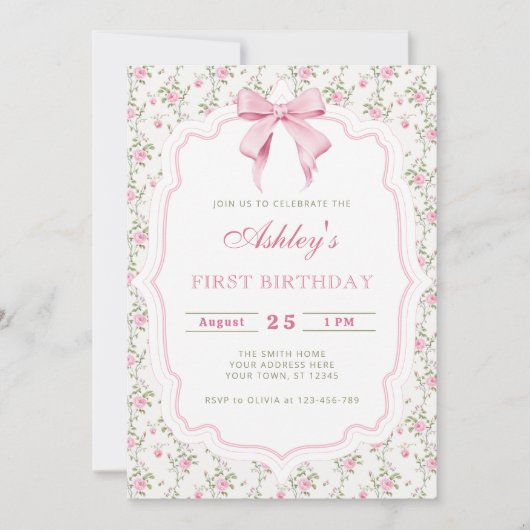 Elegante Roze Bloemen en Boog Meisje Verjaardag Kaart (Voorkant)