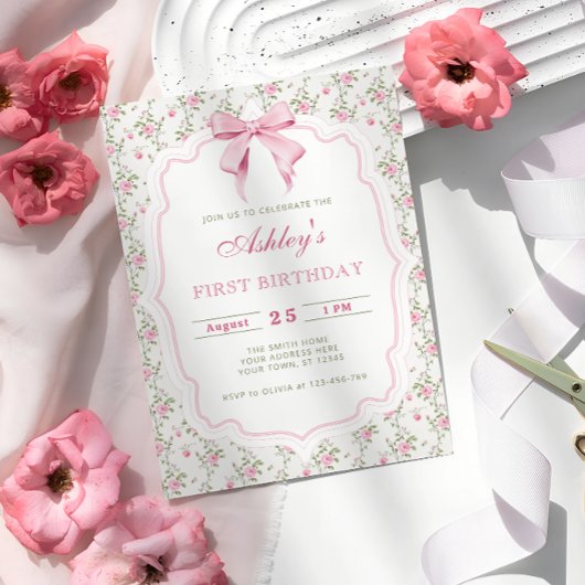 Elegante Roze Bloemen en Boog Meisje Verjaardag Kaart