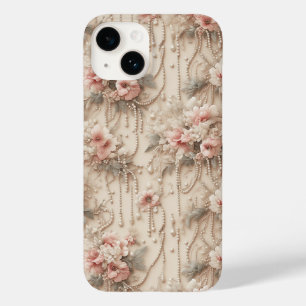 Elegante Roze Bloemen en Cascaderende Witte Parels Case-Mate iPhone 14 Hoesje