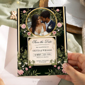 Elegante Roze Bloemen en Goud Save the Date Nodig Kaart