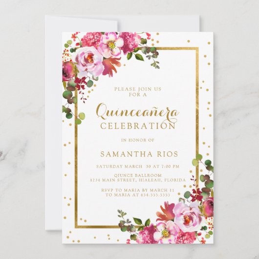 Elegante Roze Bloemen en Gouden Lijst Quinceanera Kaart (Voorkant)