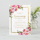 Elegante Roze Bloemen en Gouden Lijst Quinceanera Kaart (Staand voorkant)