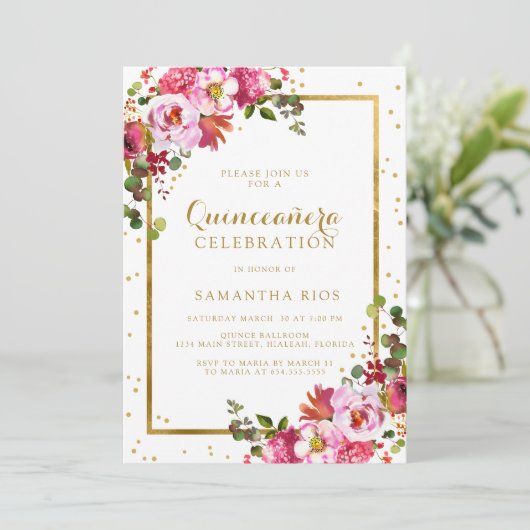 Elegante Roze Bloemen en Gouden Lijst Quinceanera Kaart (Staand voorkant)