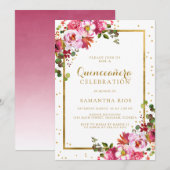 Elegante Roze Bloemen en Gouden Lijst Quinceanera Kaart (Voorkant / Achterkant)