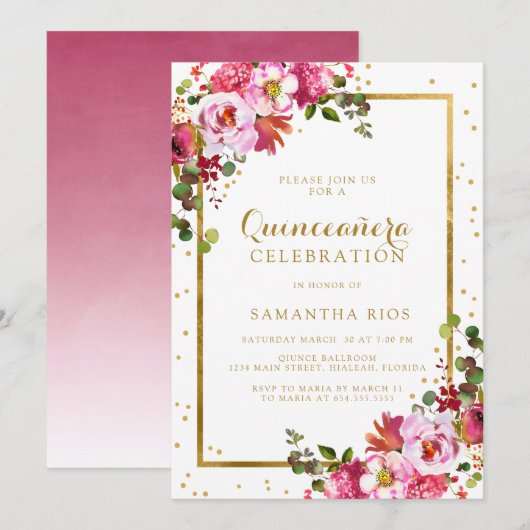 Elegante Roze Bloemen en Gouden Lijst Quinceanera Kaart (Voorkant / Achterkant)