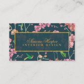 Elegante roze bloemen en vogels op donkerblauw visitekaartje (Voorkant)