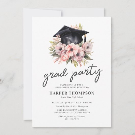 Elegante Roze Bloemen Foto Afstudeerfeest Kaart (Voorkant)