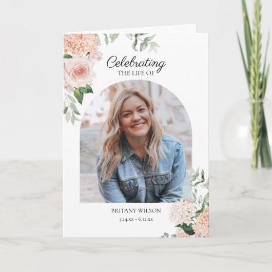 Elegante roze bloemen foto begrafenis gedenkteken programma (Voorkant)