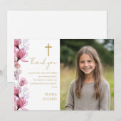 Elegante roze bloemen foto bevestiging bedankkaart (Voorkant / Achterkant)