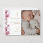 Elegante Roze Bloemen Foto Doop Doop Doop Bedankkaart (Voorkant)