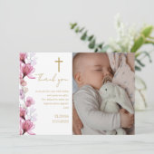 Elegante Roze Bloemen Foto Doop Doop Doop Bedankkaart (Staand voorkant)