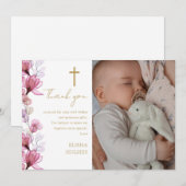 Elegante Roze Bloemen Foto Doop Doop Doop Bedankkaart (Voorkant / Achterkant)