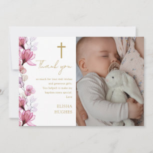 Elegante Roze Bloemen Foto Doop Doop Doop Bedankkaart