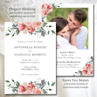 Elegante roze bloemen foto RSVP bruiloft Kaart