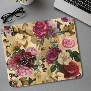 Elegante roze bloemen geel monogram muismat