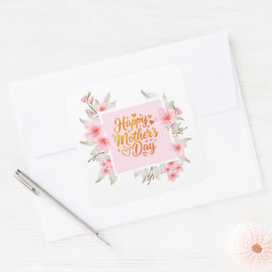 Elegante Roze Bloemen "Gelukkige Moederdag" Vierkante Sticker