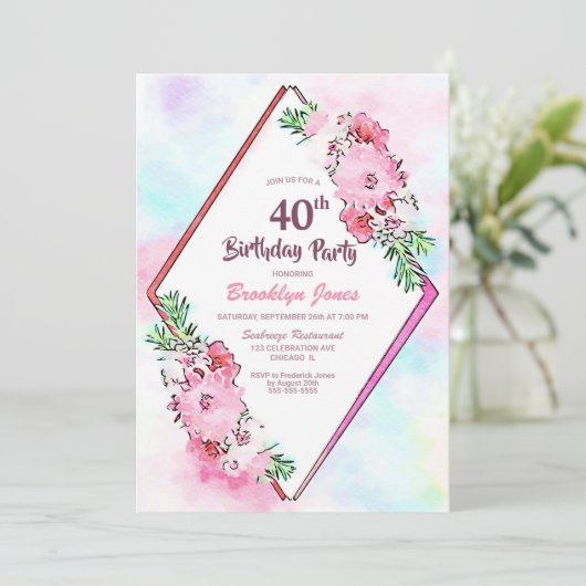 Elegante Roze Bloemen Geometrische 40ste Verjaarda Kaart (Staand voorkant)