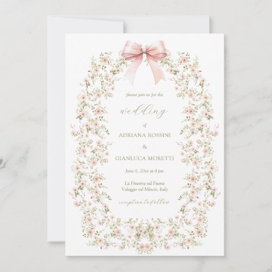 Elegante Roze Bloemen Girly Coquette Bow Wedding Kaart (Voorkant)