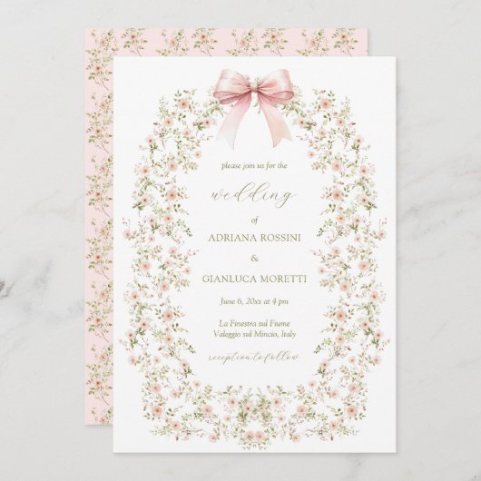 Elegante Roze Bloemen Girly Coquette Bow Wedding Kaart (Voorkant / Achterkant)